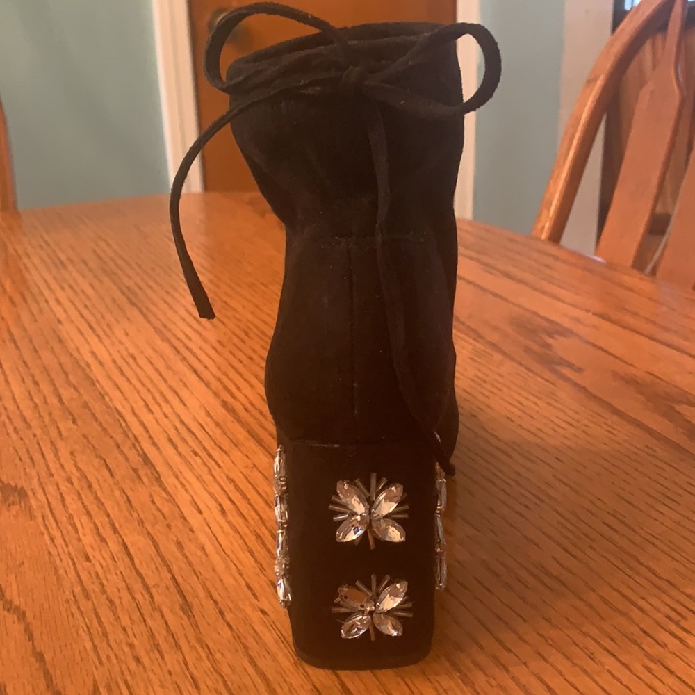 Unique Black Drawstring Booties W Rhinestone Heels - image 2